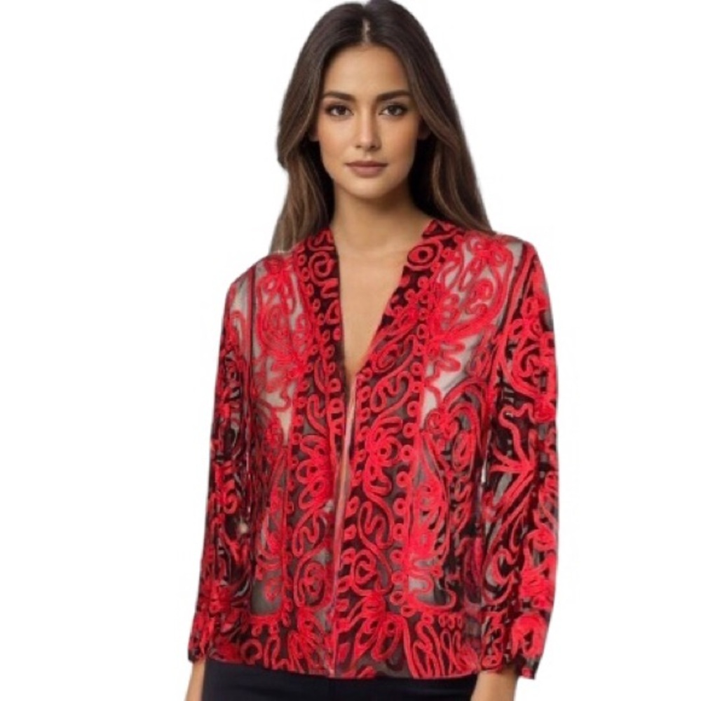 Weavz Red Ribbon & Black Mesh Open Front Cardigan / Blazer Size S